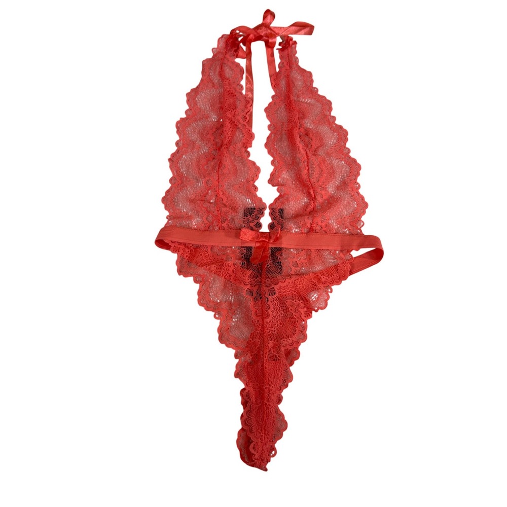 Fashion Nova Your Desire Is Mine Lace‎ Teddy Coral Halter Lingerie S/M NEW